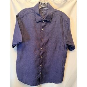 Porter & Ash Men's Large 100% Linen Short Sleeve Button Up Navy Blue Preppy